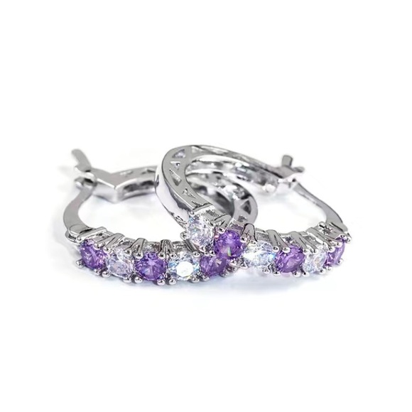 Amethyst & Diamond Silver Toned Hoop Earrings - Picture 1 of 3